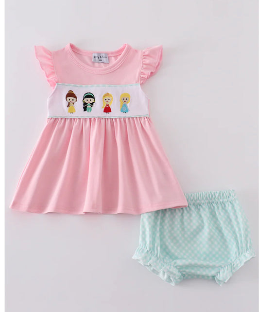 Pink Princess Embroidery Girl Bloomer Set
