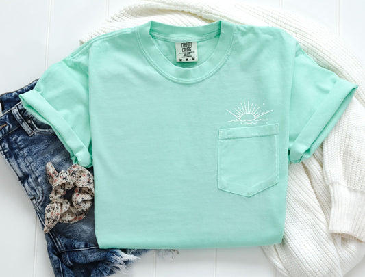 Sun and Wave Lake Beach Comfort Colors Pocket T Shirt | Nature, Camping, Plant (2)