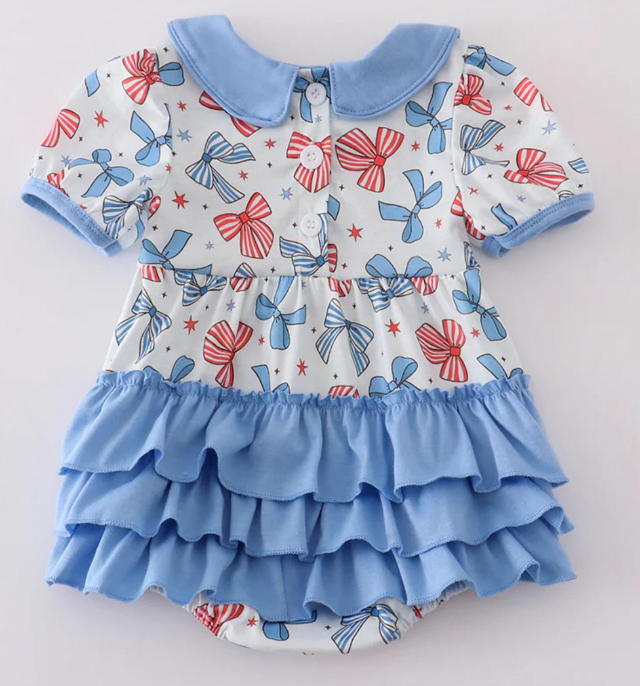 Bow trellis print embroidery ruffle bubble