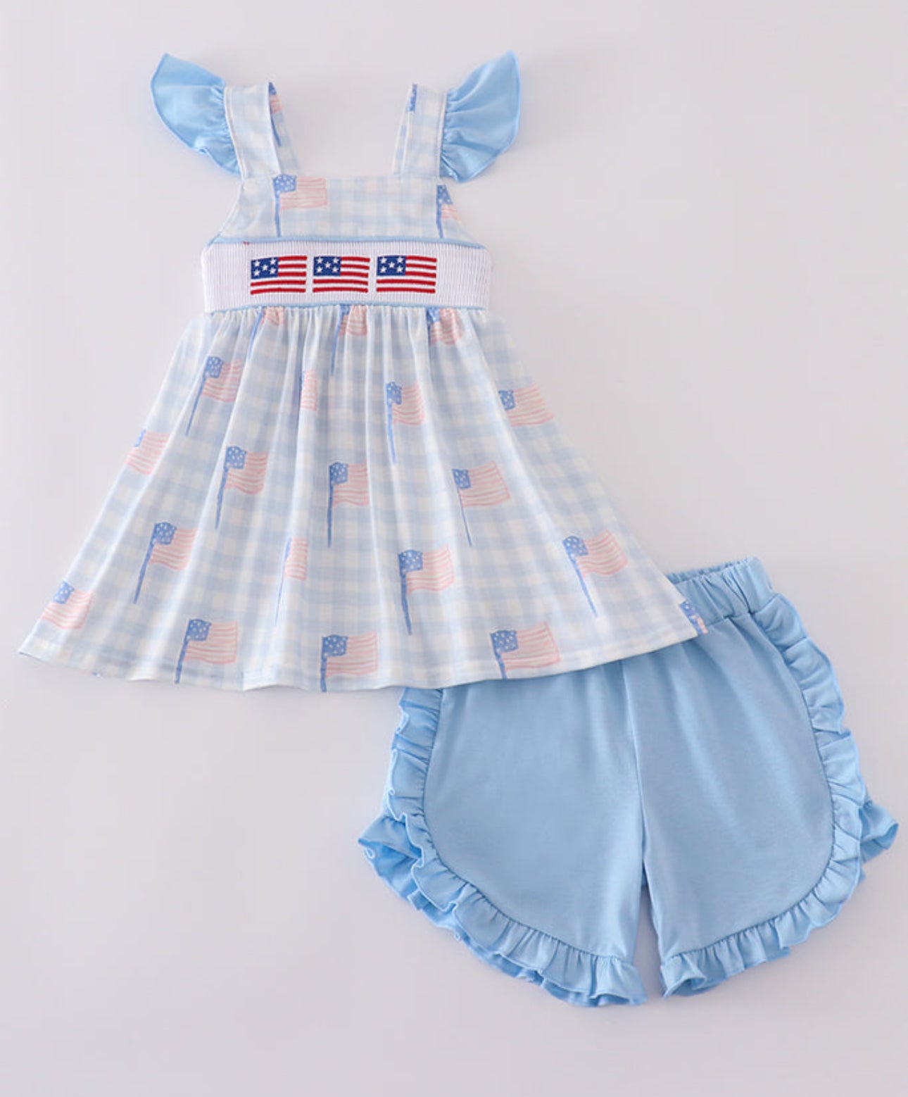 Blue Flag Embroidery Smocked Shorts Set