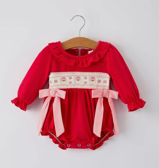 Christmas Smocked Embroidery Baby
Girls Romper with Pink Ribbon Ties