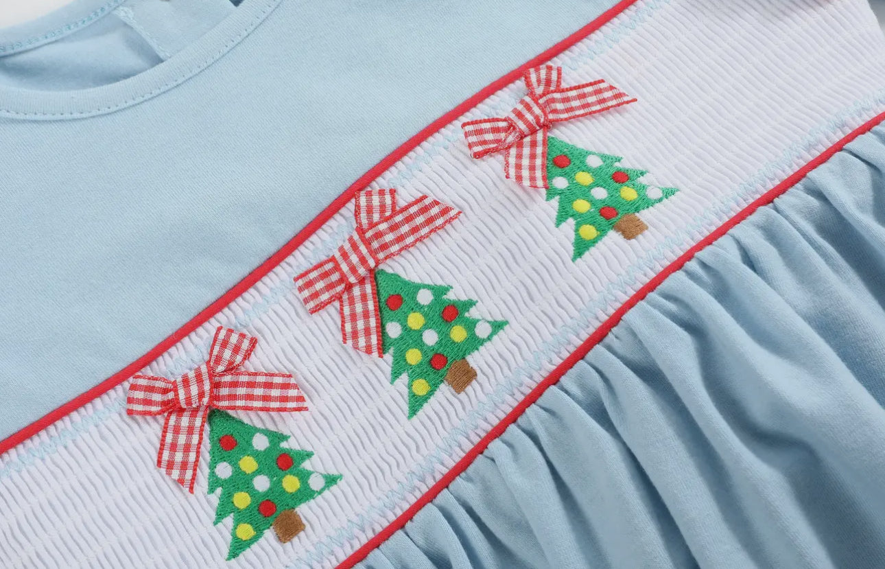Light Blue Christmas Tree Smocked
Knit Dress
