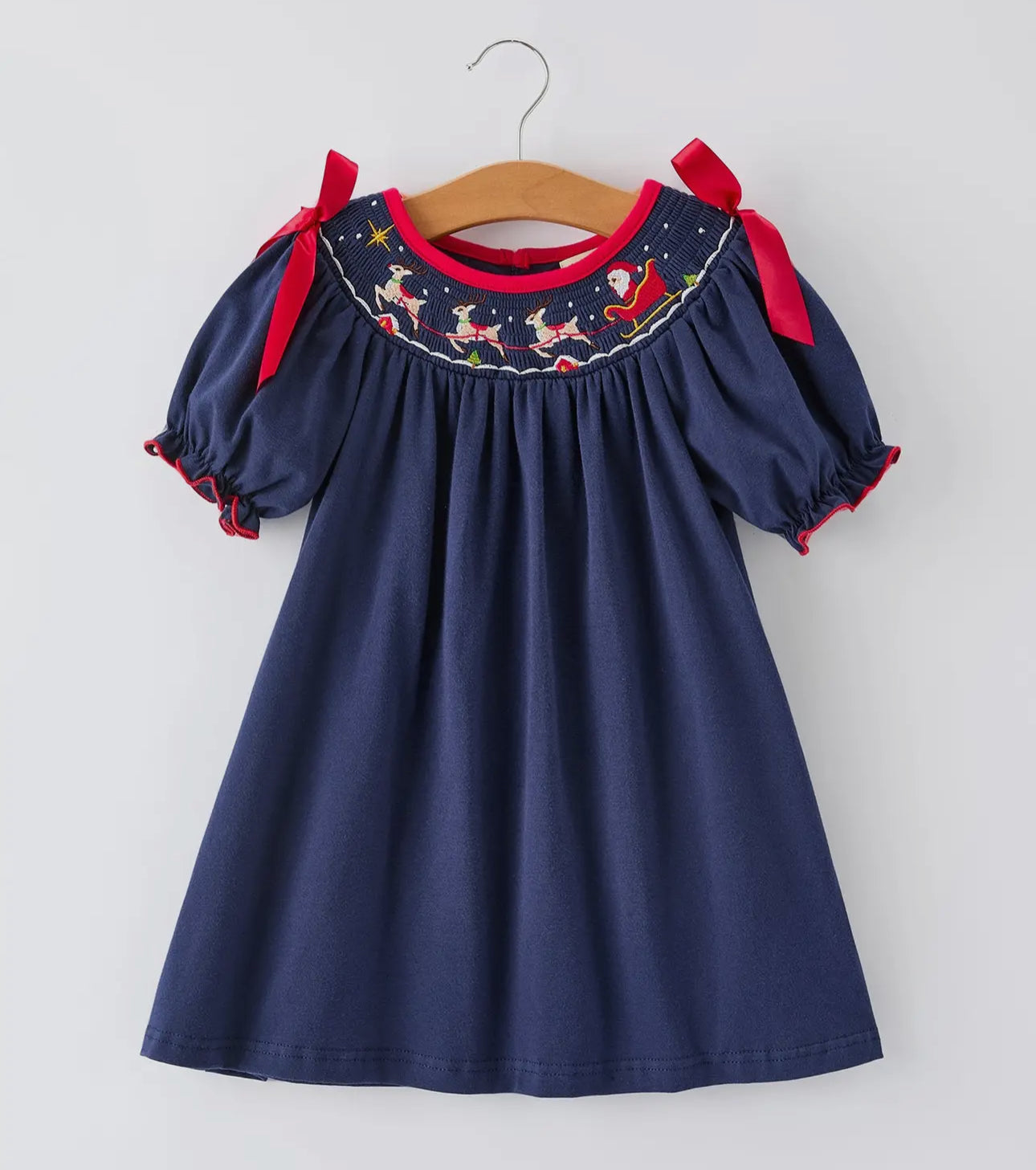 Christmas Holiday Celebration Dress:
Navy with Santa Sleigh