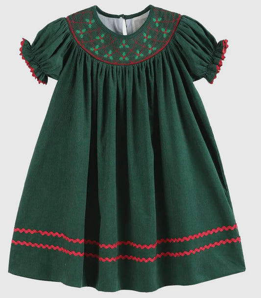 Green Christmas Mistletoe Smocked
Bishop Dress