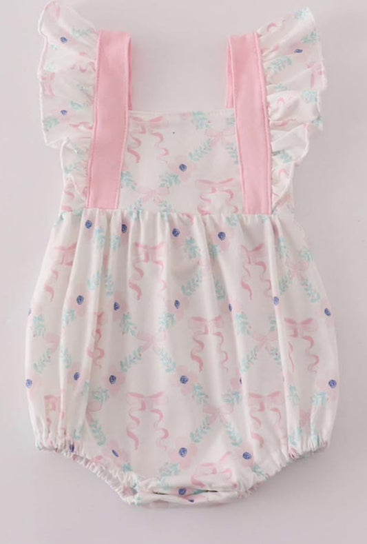 Pink floral bow print ruffle bubble