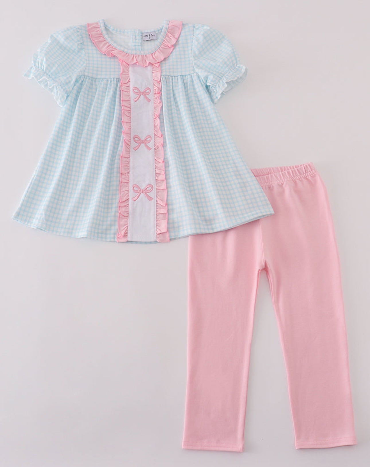 Blue bow embroidery gingham ruffle pants set