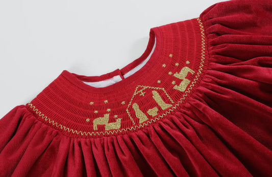 Red Velour Nativity Smocked Dress