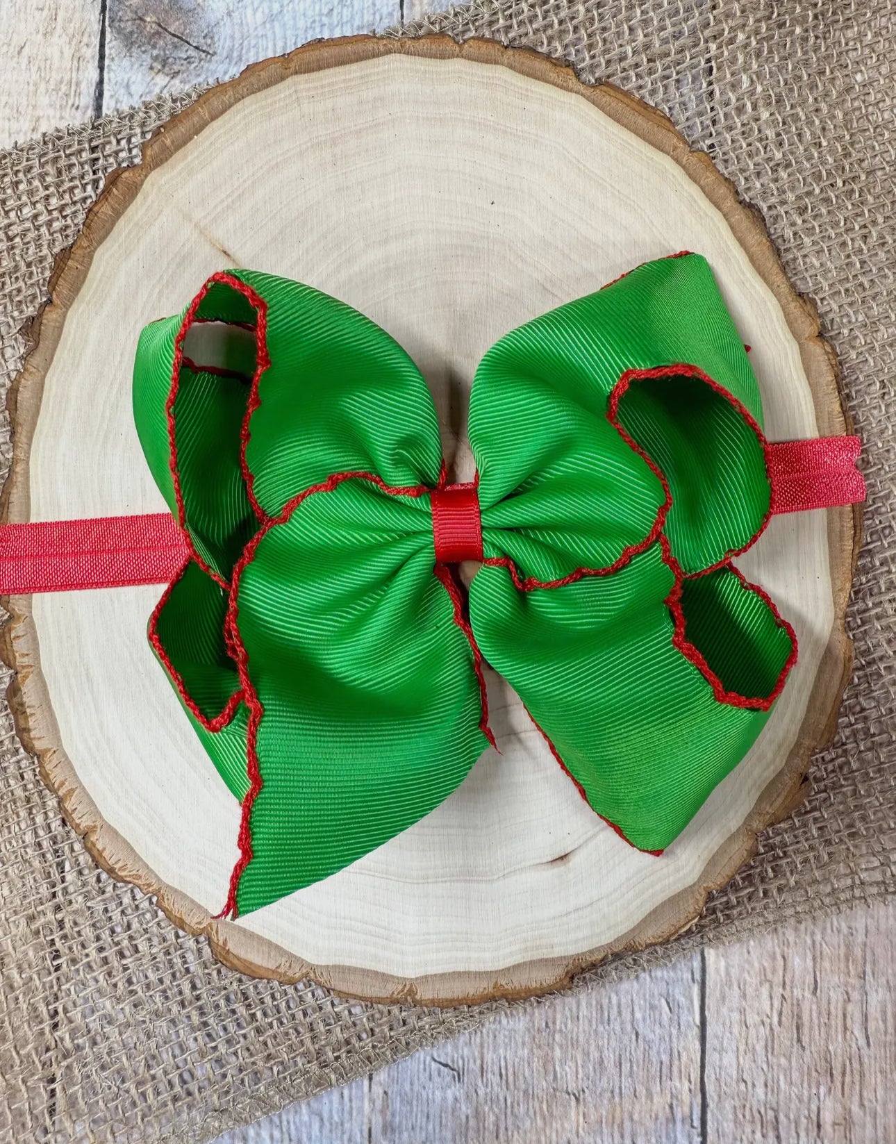 Green with red moonstitch bow headband