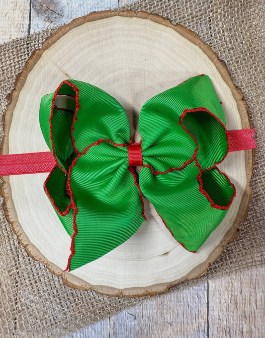 Green with red moonstitch bow headband