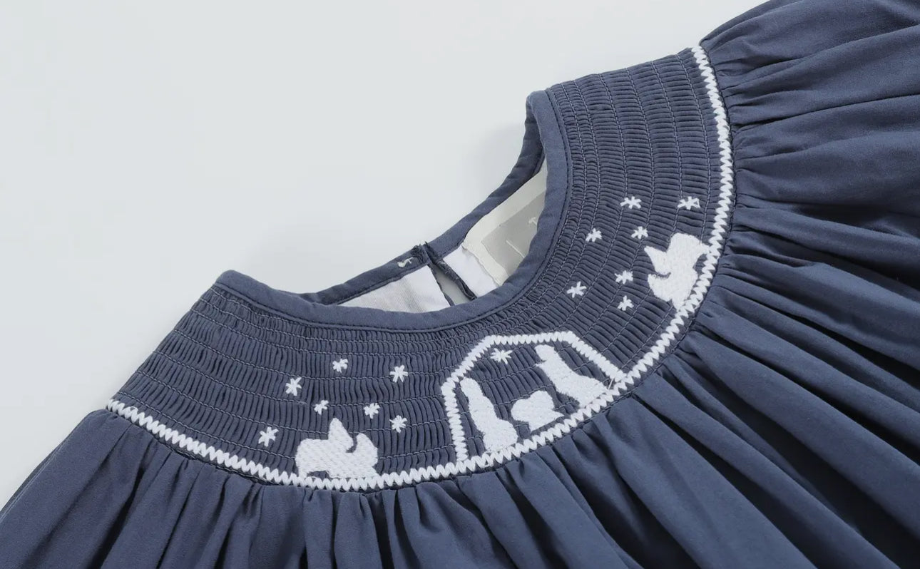 Navy Blue Nativity Long Sleeve Smocked Bishop Dress
