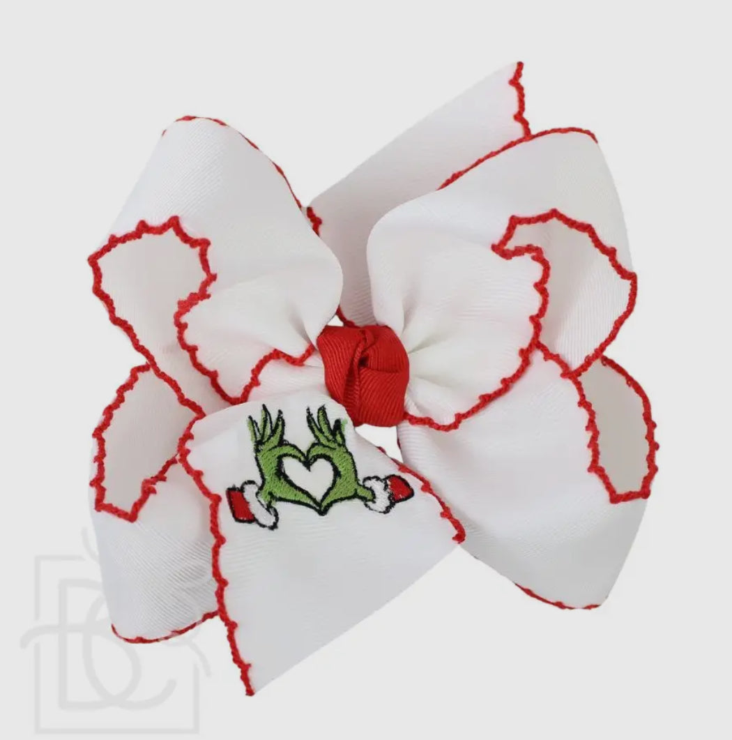Embroidered Grinch Heart Crochet Edge Hair Bows