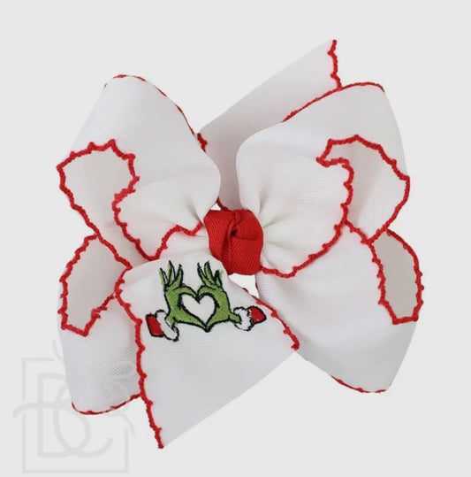 Embroidered Grinch Heart Crochet Edge Hair Bows