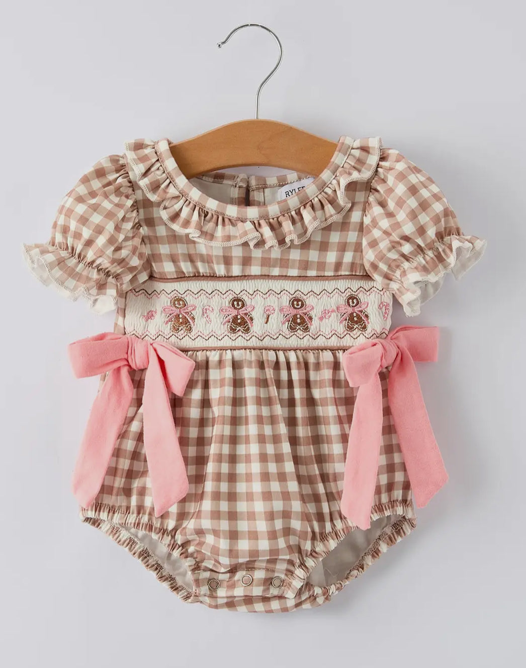 Christmas Vintage-Style Plaid
Embroidered Gingerbread and Bows Girls Romper