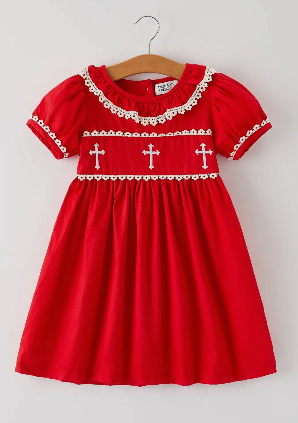 Red Christmas Girls Dress: Cross
Embroidery with Lace Trim