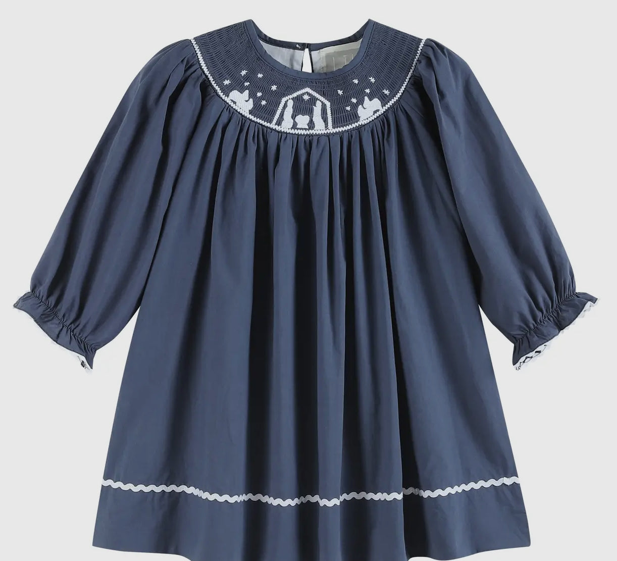 Navy Blue Nativity Long Sleeve Smocked Bishop Dress