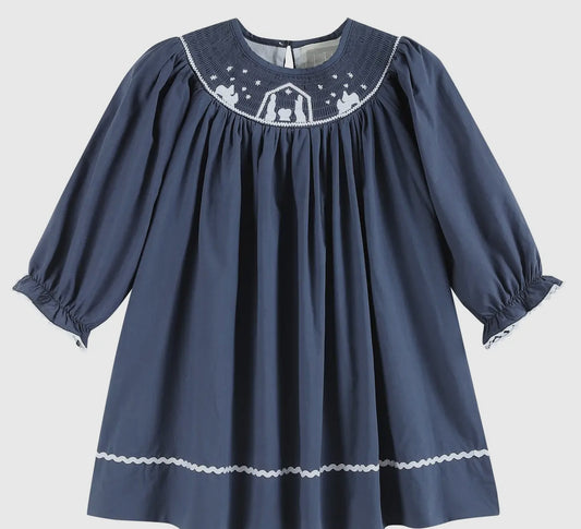 Navy Blue Nativity Long Sleeve Smocked Bishop Dress