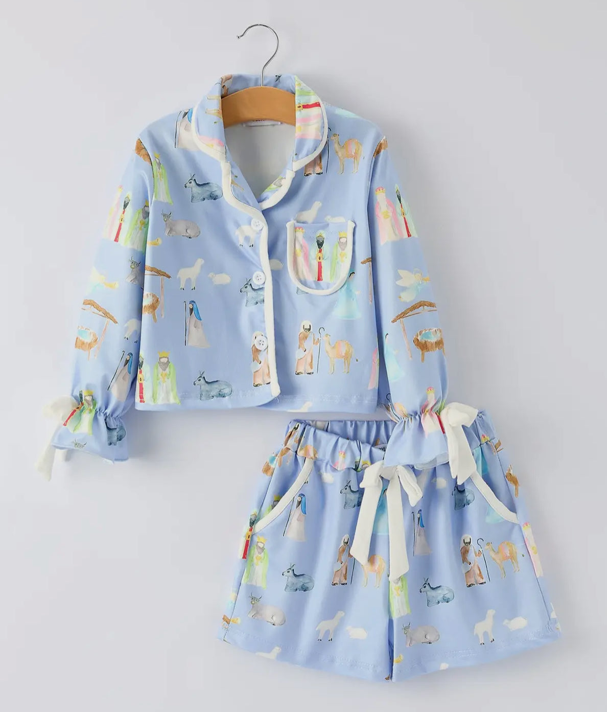Blue Christmas Nativity Pattern Girls
Pajamas Set