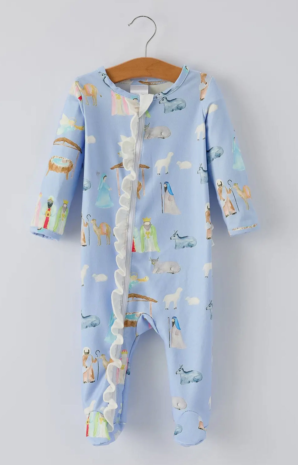 Blue Christmas Nativity Pattern Baby
Girls Romper with Ruffles