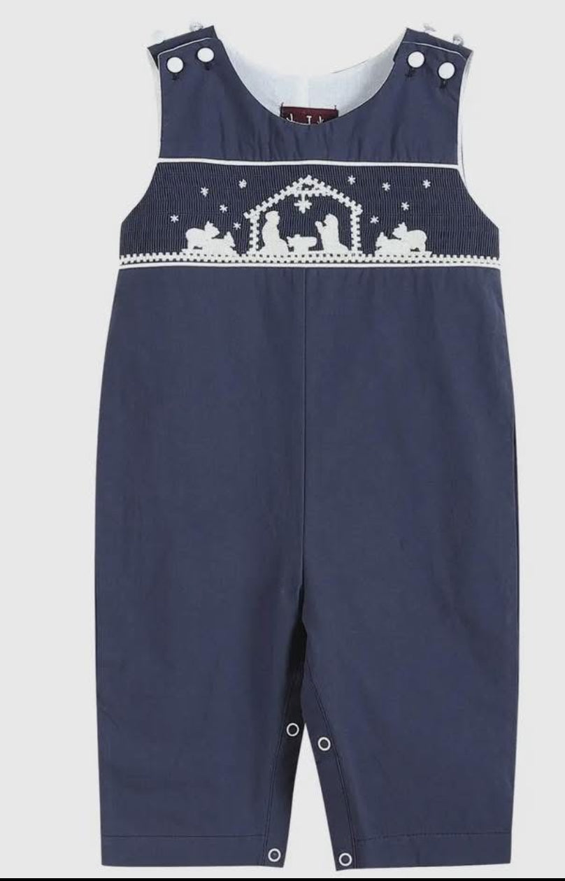 Dark Blue Nativity Smocked Overalls
