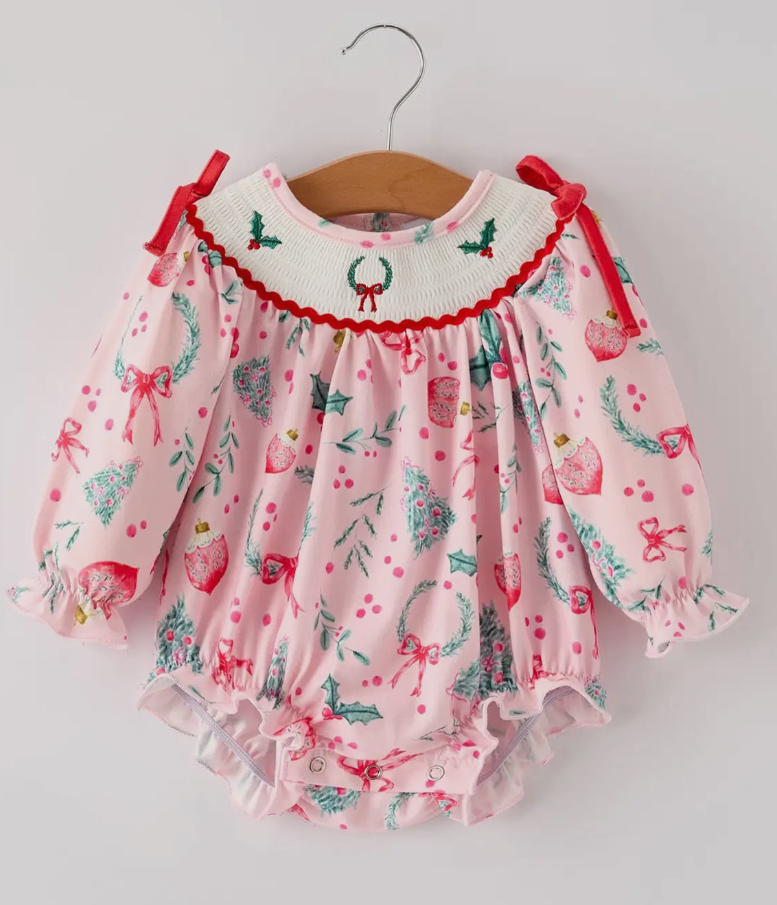 Winter Christmas Smocking Embroidery Colorful Girls Romper