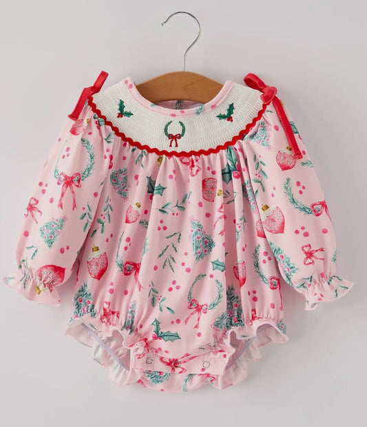 Winter Christmas Smocking Embroidery Colorful Girls Romper