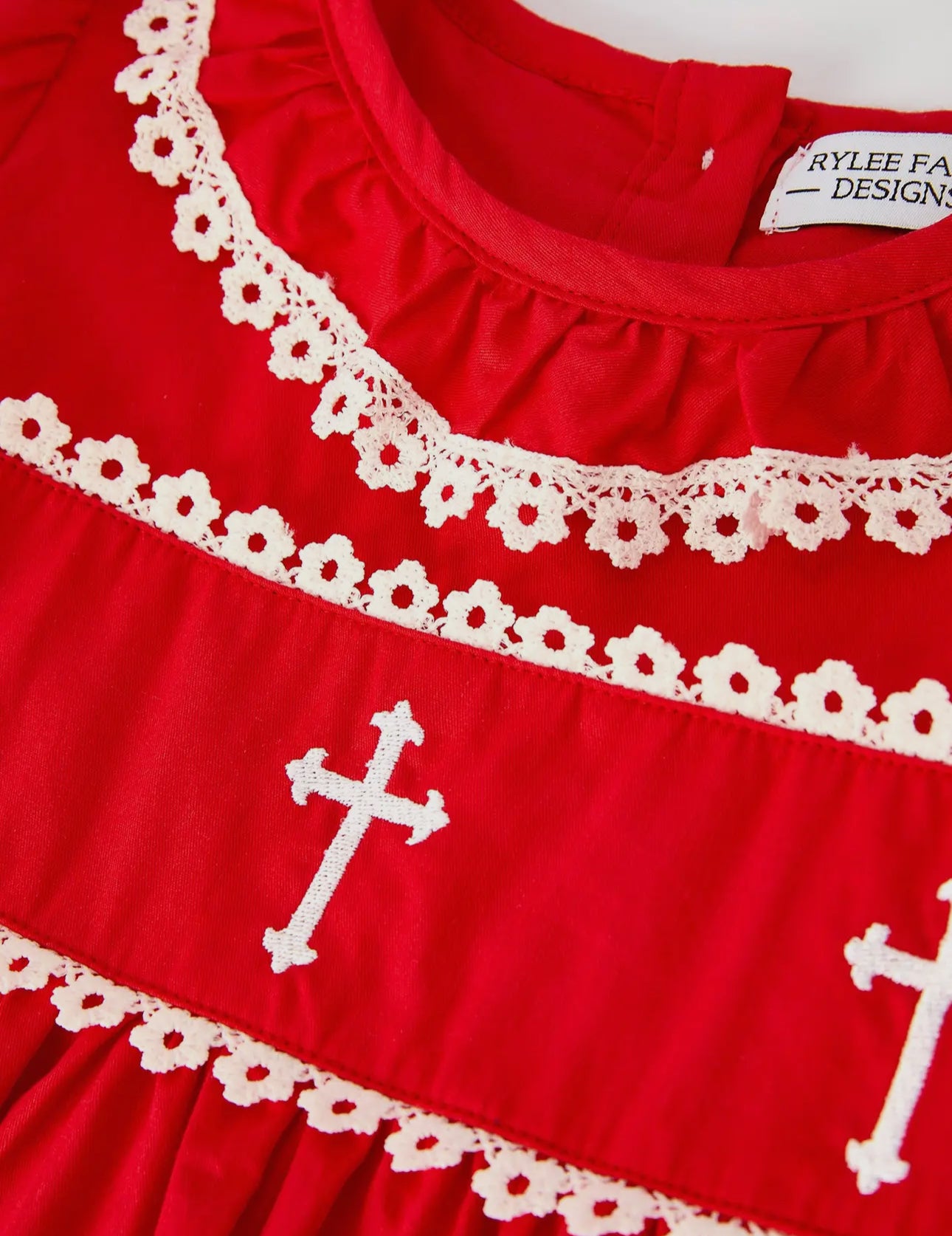 Red Christmas Girls Dress: Cross
Embroidery with Lace Trim