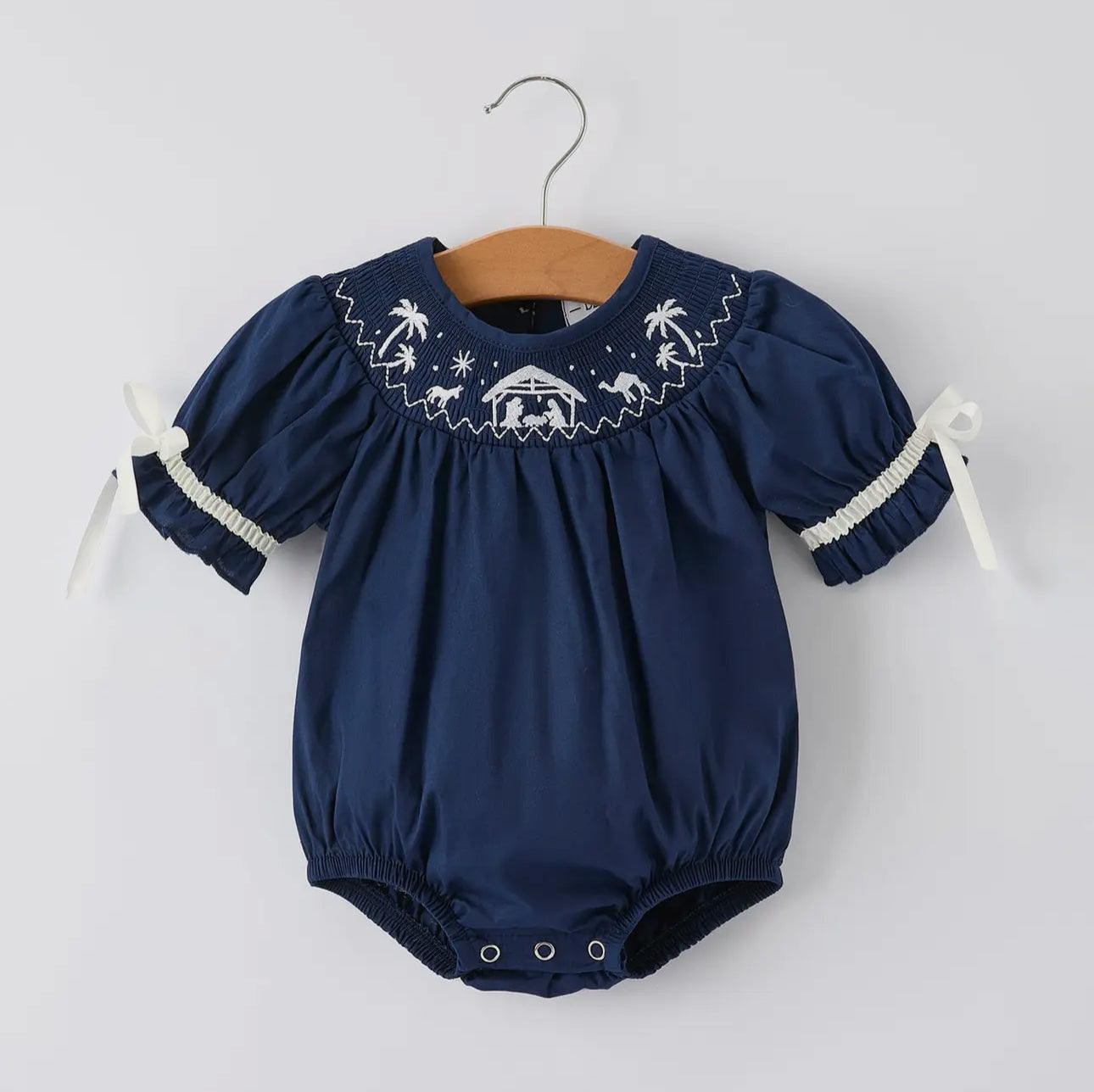 Navy Blue Nativity Smocking
Embroidered Baby Girls Christmas
Romper