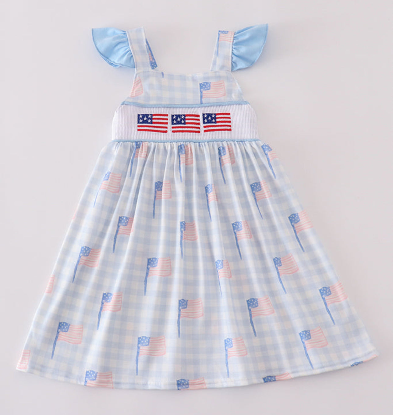Blue flag embroidery smocked gingham dress