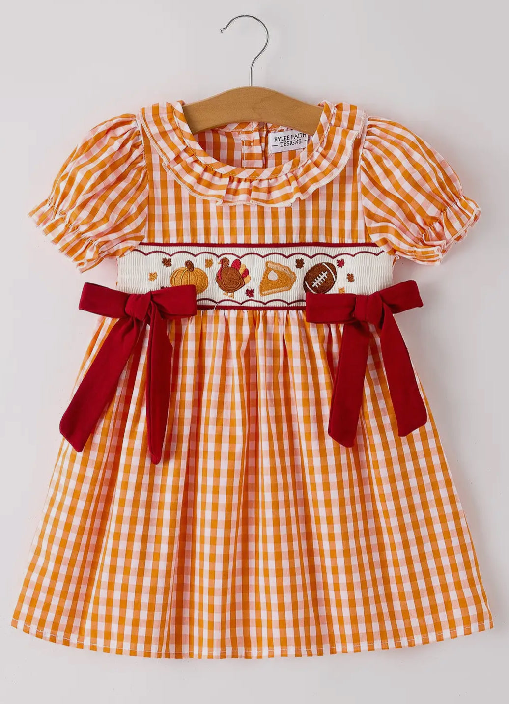 Fall Embroidered Dress For Girls - Orange Checkered with Halloween
Details