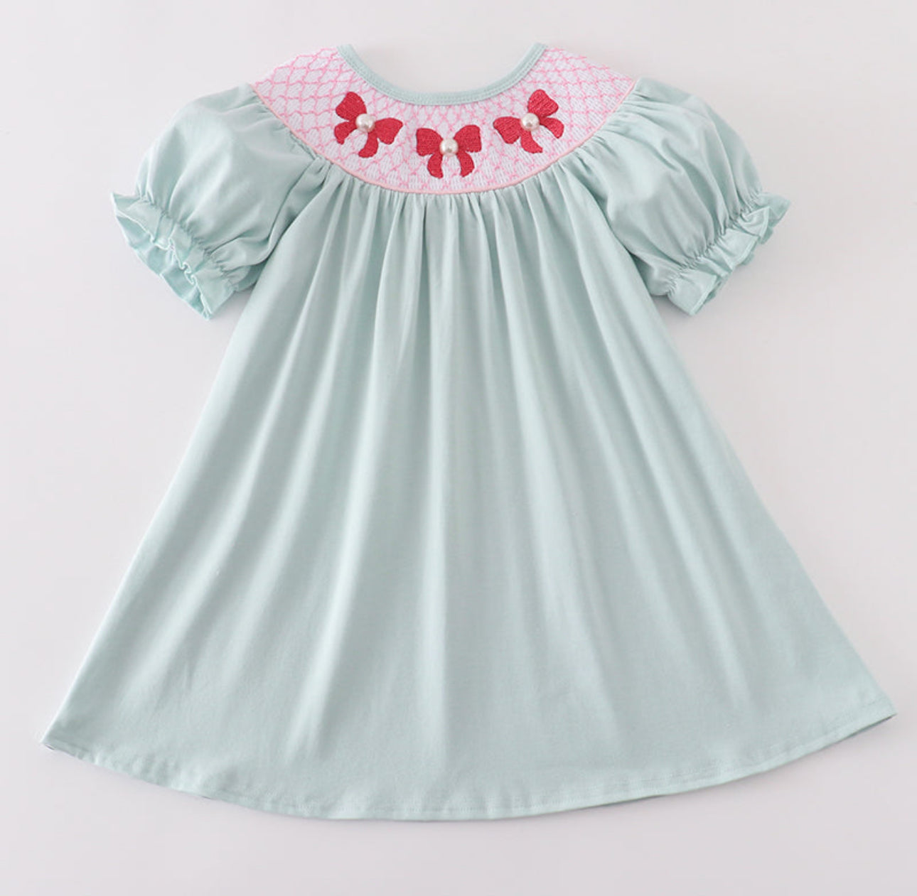Blue bow pearl smocked dress