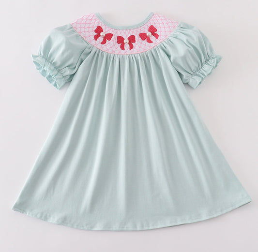 Blue bow pearl smocked dress