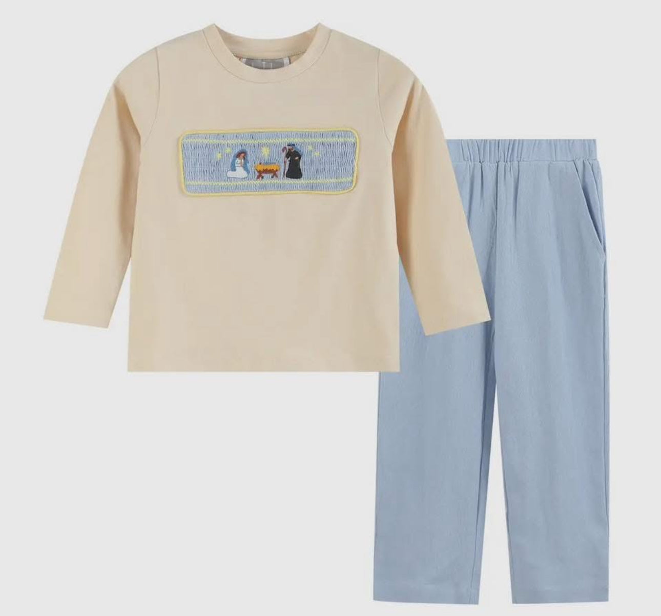 Light Brown Nativity Smocked Shirt and Blue Pants