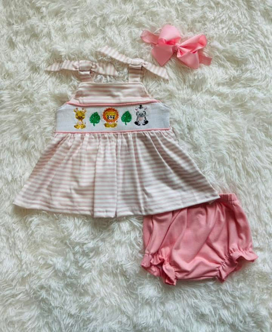 Pink Stripe Animal Smock bloomer set