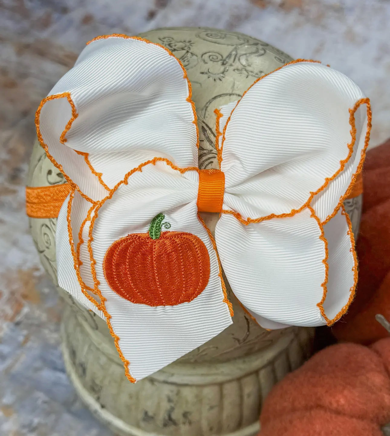 Pumpkin Embroidered Moonstitch Bow Headband: Fall 2025