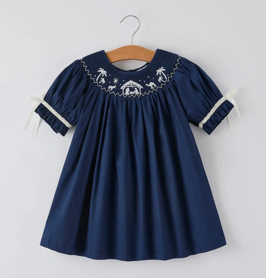 Christmas Navy Blue Nativity Smocking Embroidered Dress