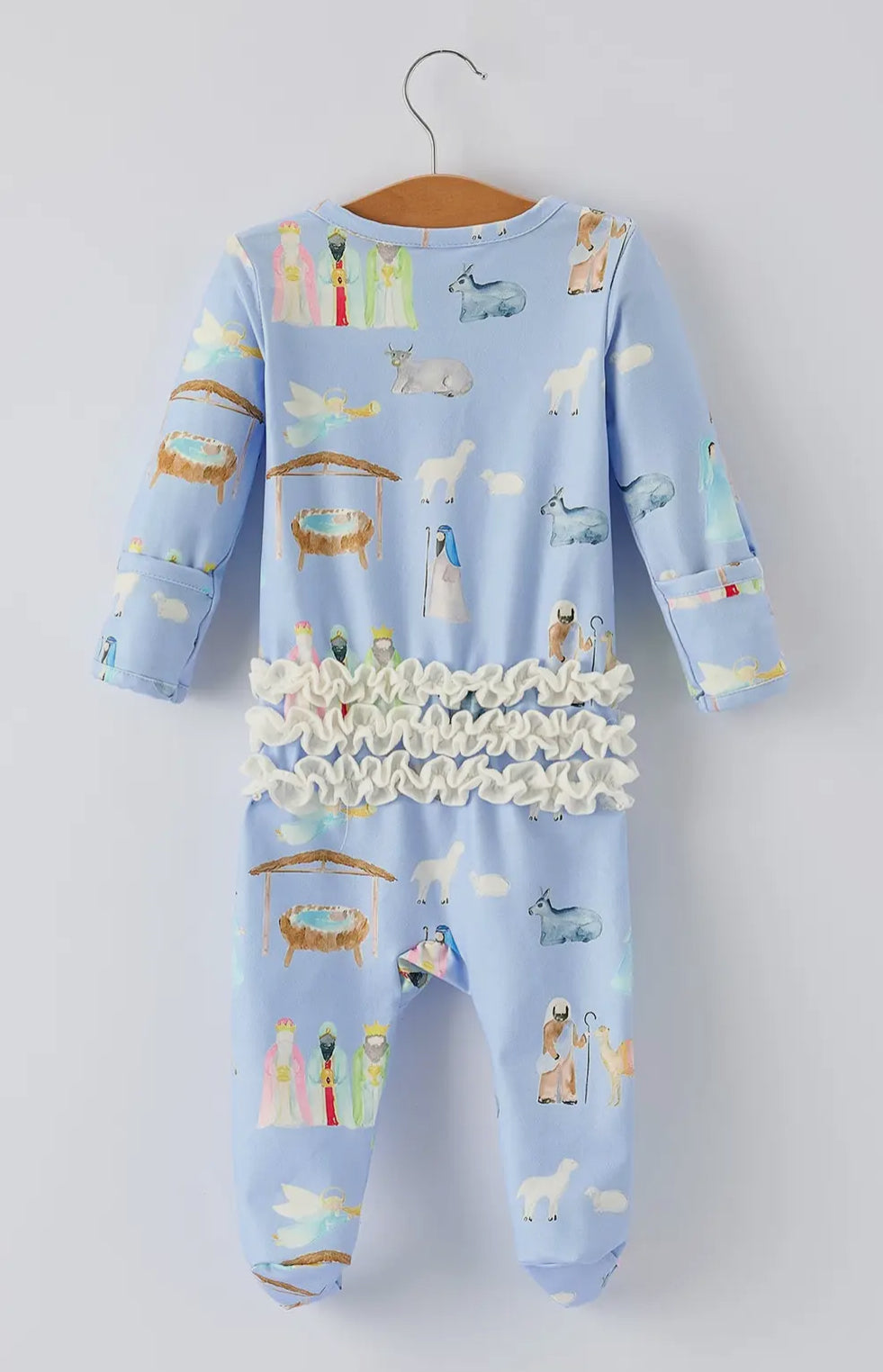 Blue Christmas Nativity Pattern Baby
Girls Romper with Ruffles