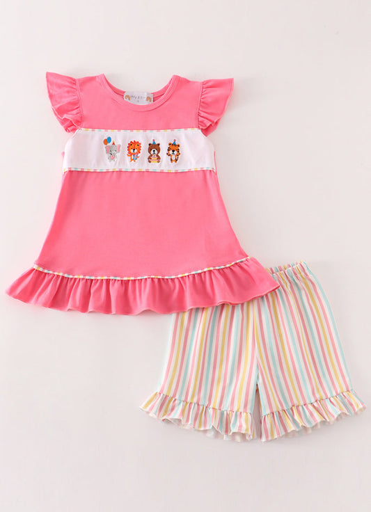 Pink animals birthday embroidery girl set