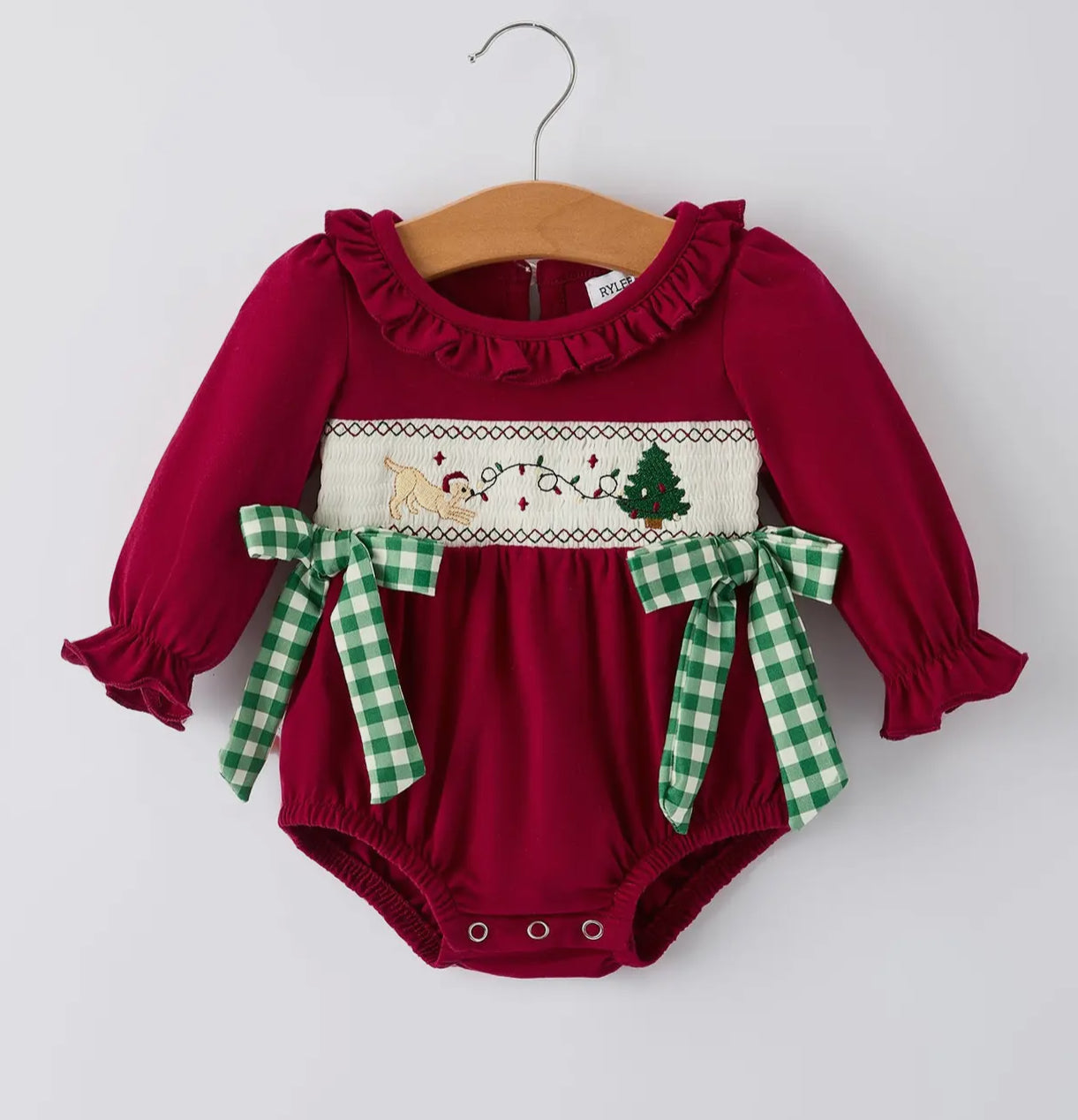 Christmas Embroidered Baby Girls
Romper with Green Plaid Bow