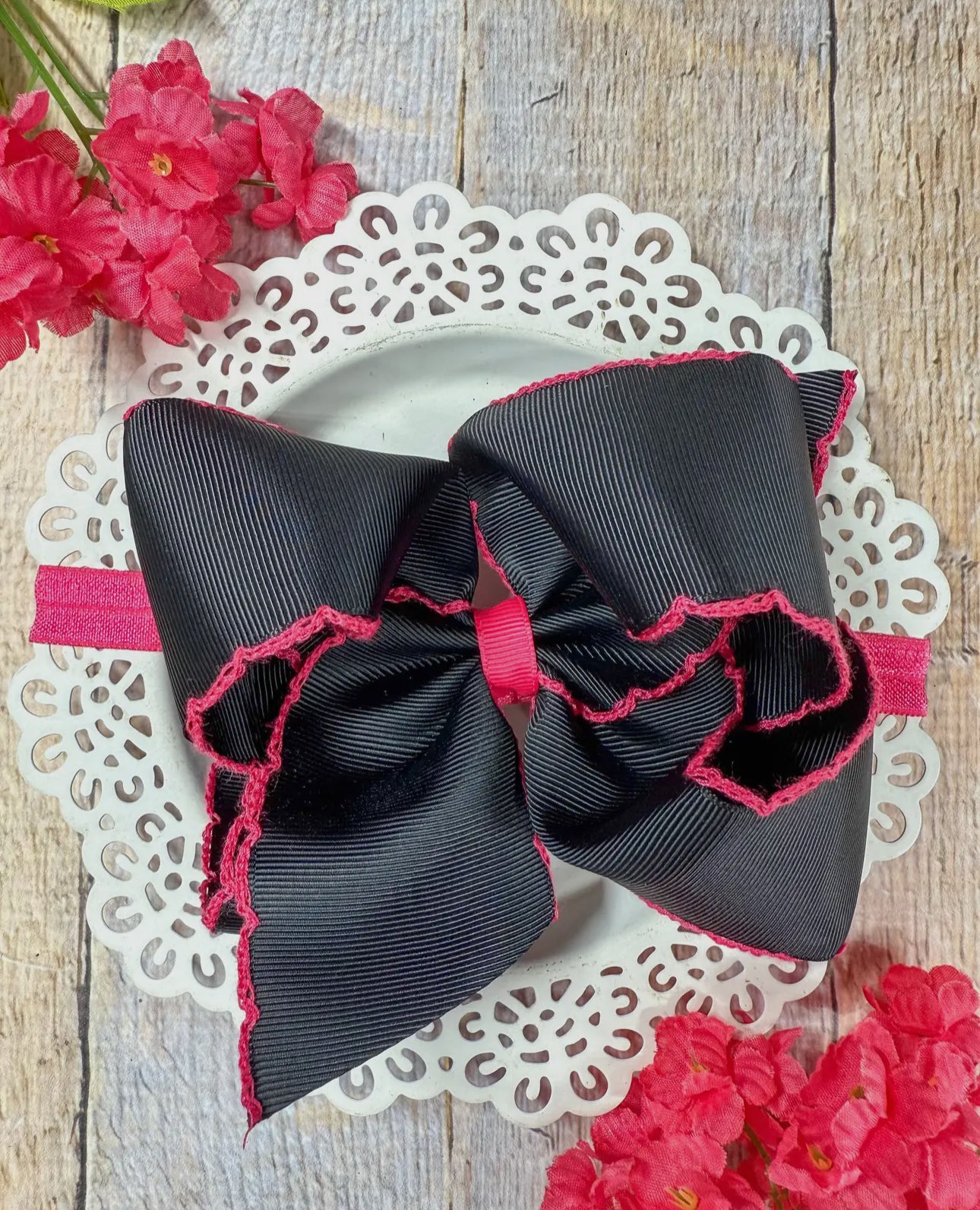 Black with Hot Pink Moonstitch Bow Headband