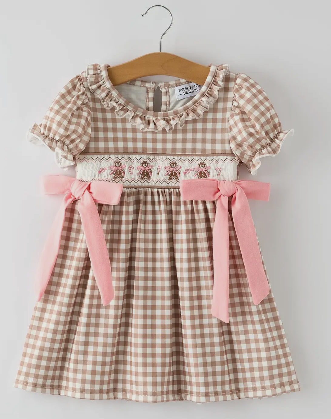 Christmas Vintage-Style Plaid Dress with Embroidered Gingerbread and Bows