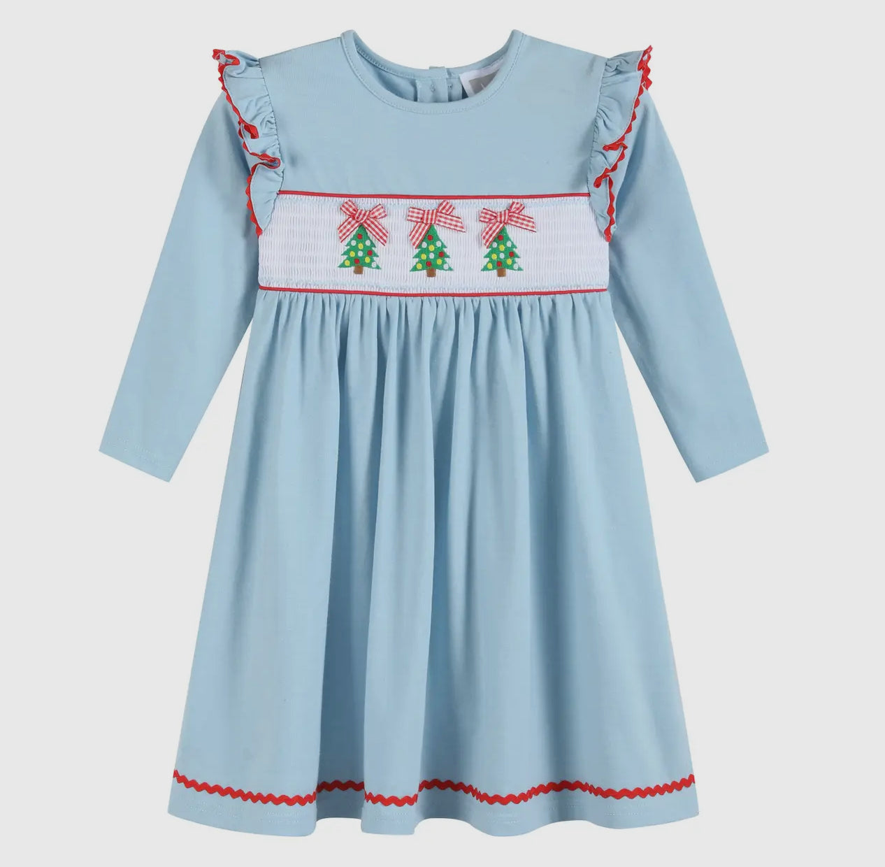 Light Blue Christmas Tree Smocked
Knit Dress