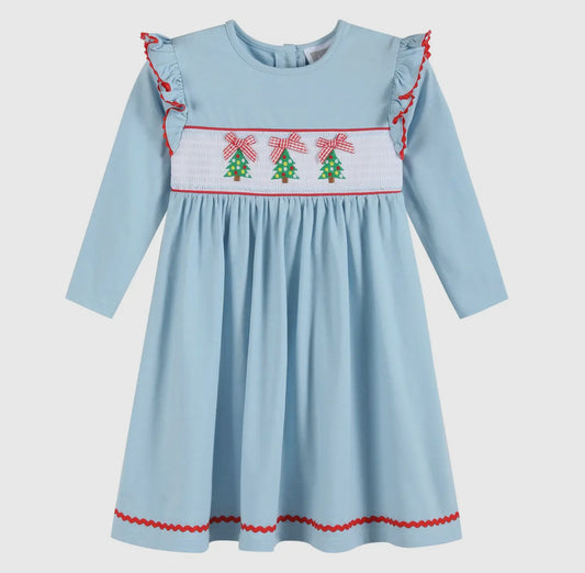Light Blue Christmas Tree Smocked
Knit Dress