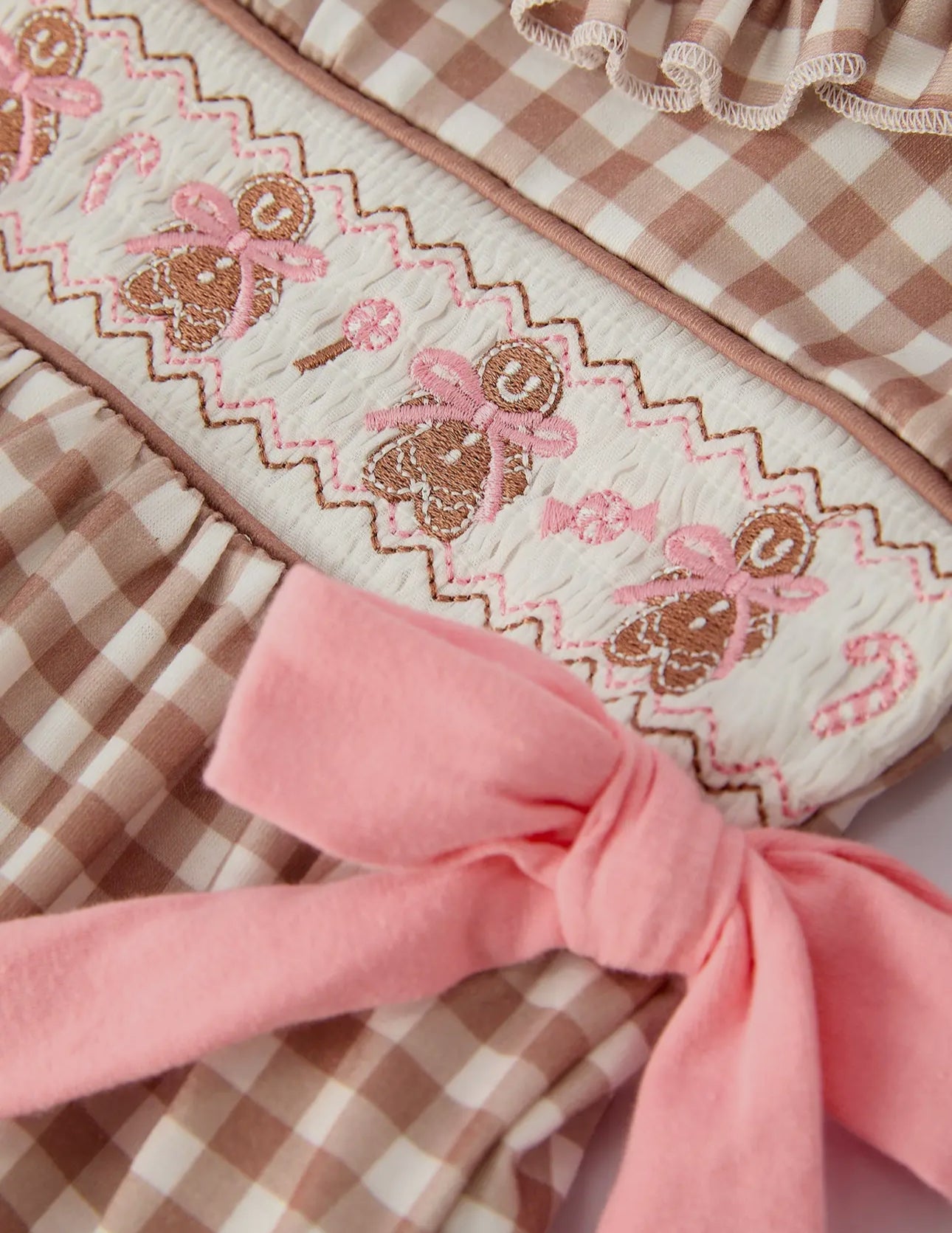 Christmas Vintage-Style Plaid Dress with Embroidered Gingerbread and Bows