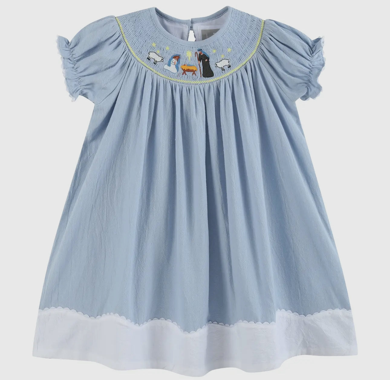 Light Blue Nativity Smocked Bishop
Sleeve Dress