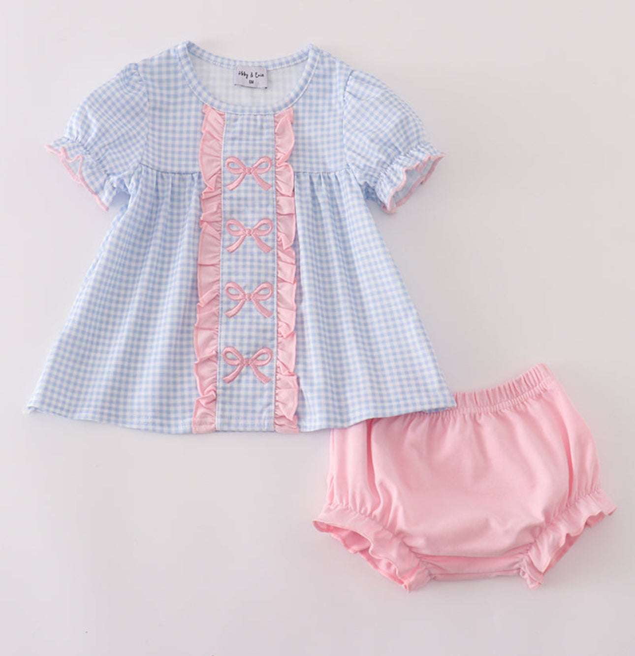 Blue bow embroidery gingham ruffle bloomer set