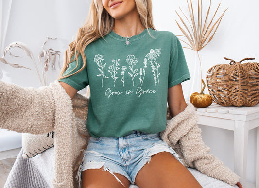 Grow in Grace Comfort Colors Christian and Flower Garment Dyed Christian T Shirt