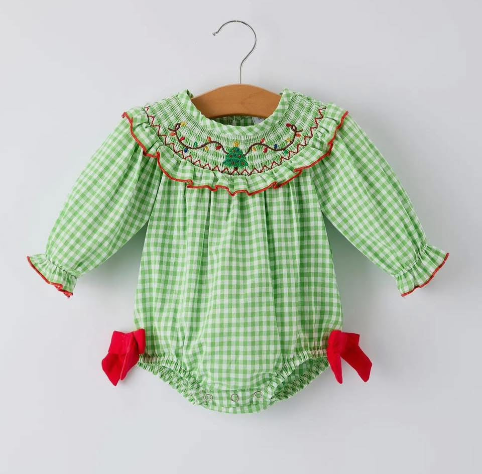 Christmas Tree Smocked Embroidery
Baby Girls Romper with Green Plaid