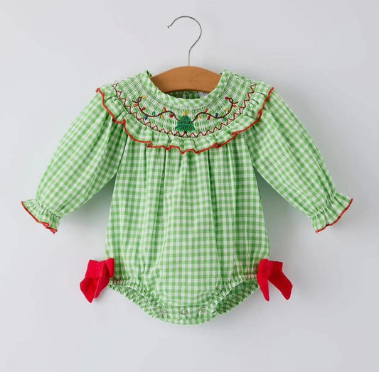 Christmas Tree Smocked Embroidery
Baby Girls Romper with Green Plaid