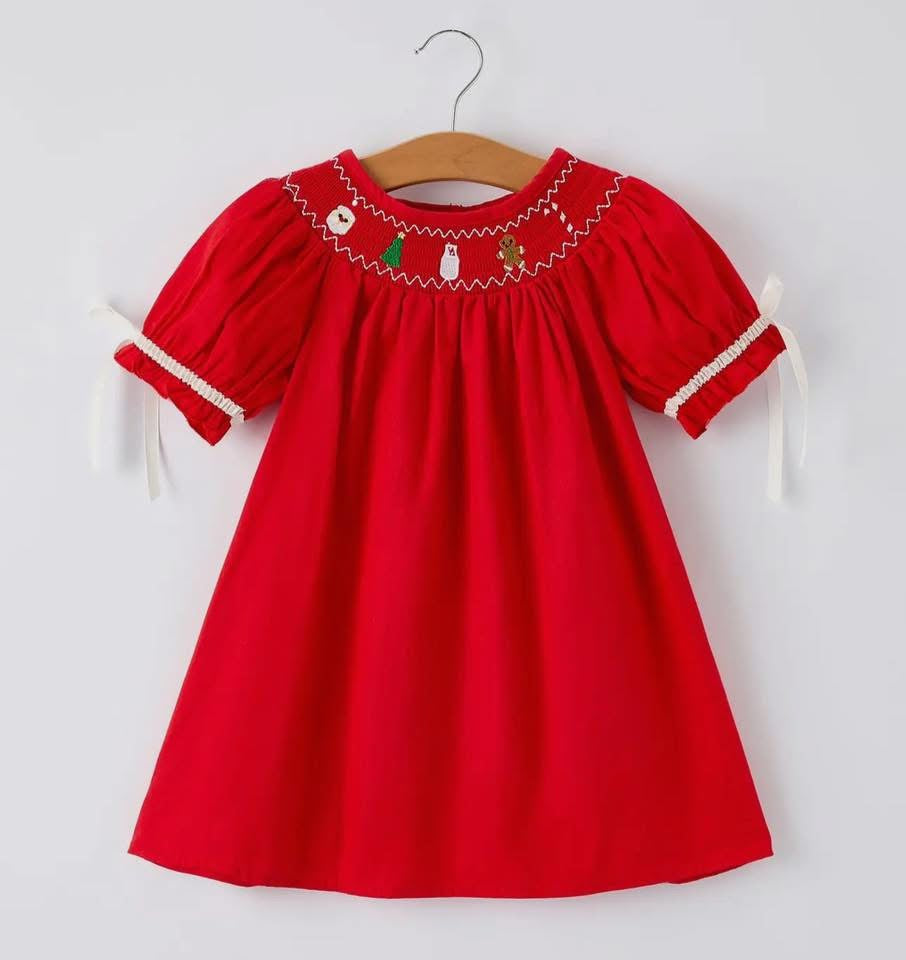 Christmas Gingerbread Embroidery Red Baby Dress with Bow