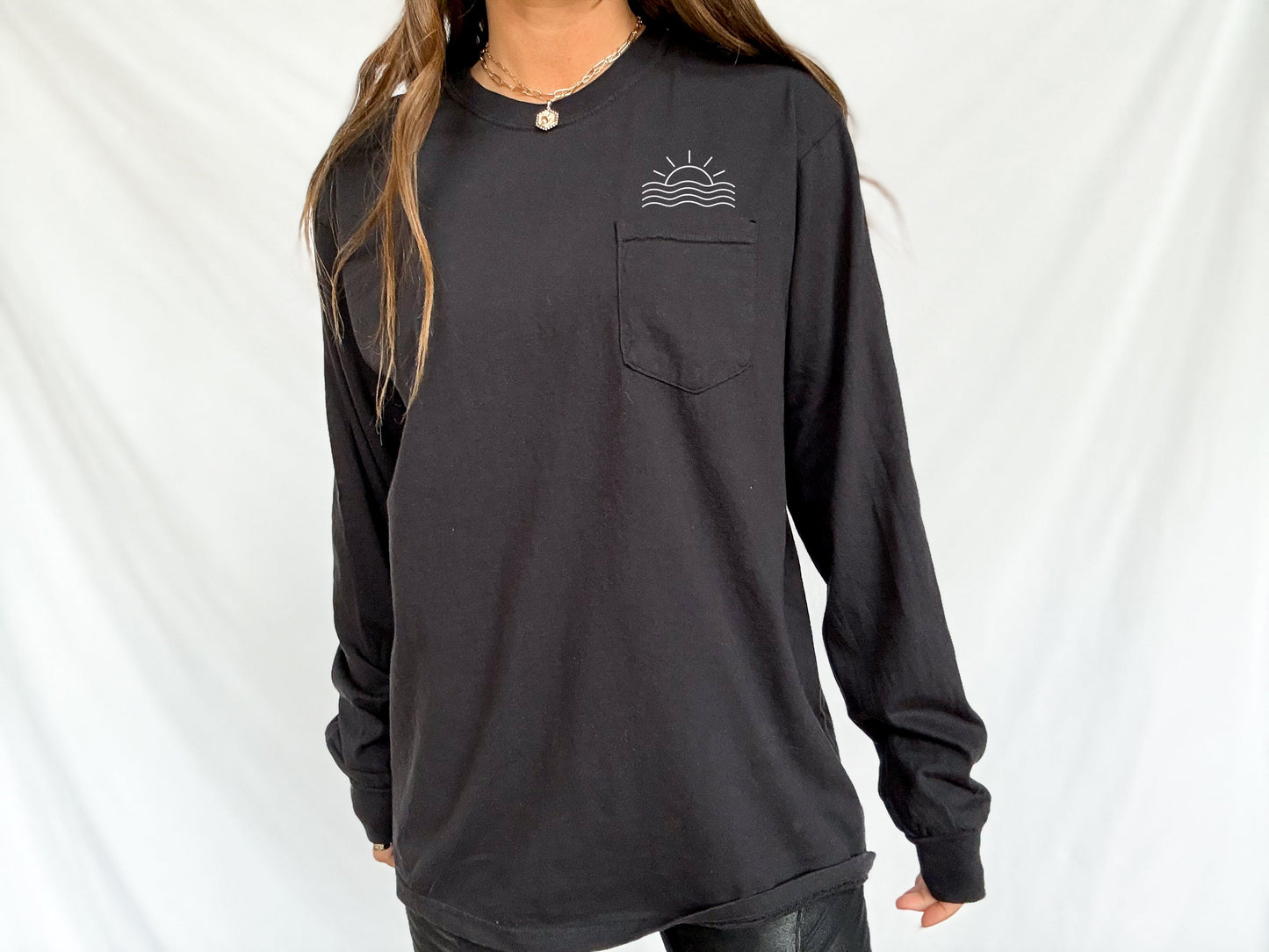 Comfort Colors Sun and Wave Lake Beach Vacation Pocket Long Sleeve Shirt